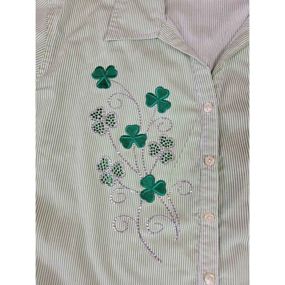 Vtg Tia Designs Green White Striped Button Down Shirt Clover Rhinestone Womens L - Picture 4 of 9
